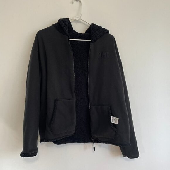 VS PINK VICTORIA'S SECRET Reversible Sherpa Lined Full Zip Hoodie Sweatshirt M - Picture 5 of 16